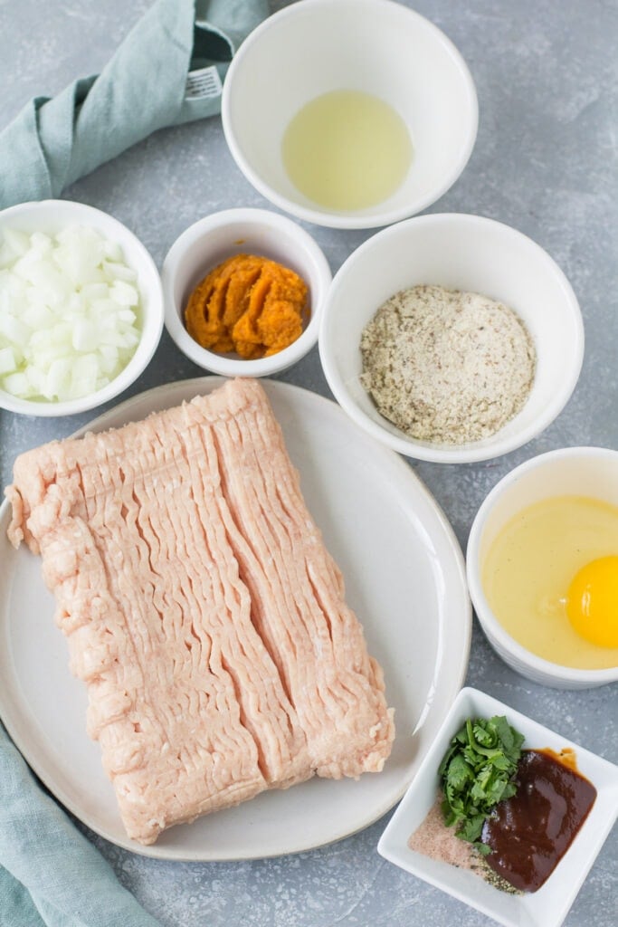 Ingredients for BBQ Chicken Meatloaf laid out in small bowls