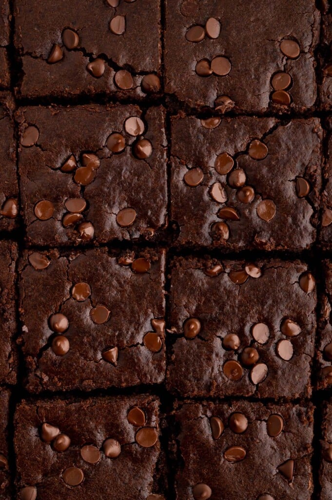 A close up of black bean brownies that have been cut but not pulled away from each other