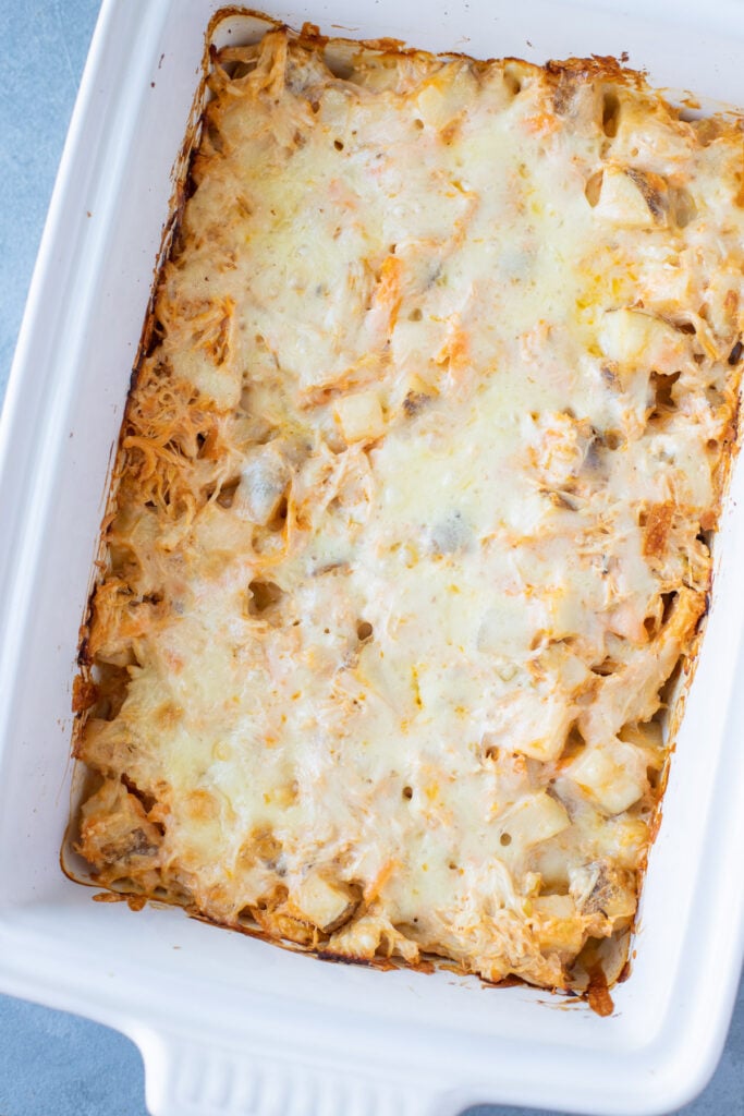 Buffalo Chicken Casserole out of the oven with melted cheese on top