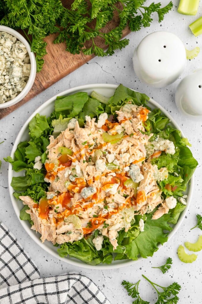 Buffalo chicken salad with blue cheese crumbles on a bed of lettuce in a white bowl on a grey background.