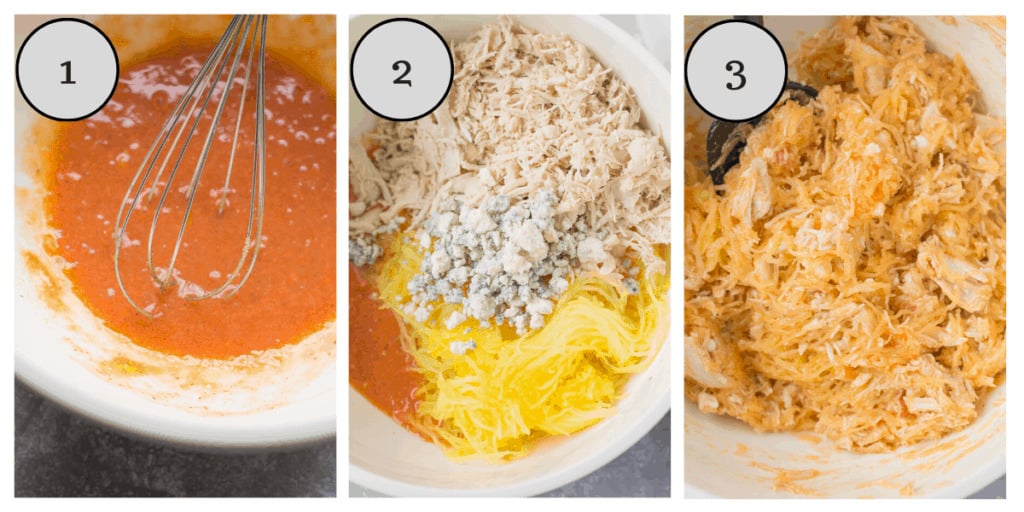 A collage with step by step instructions for buffalo chicken casserole