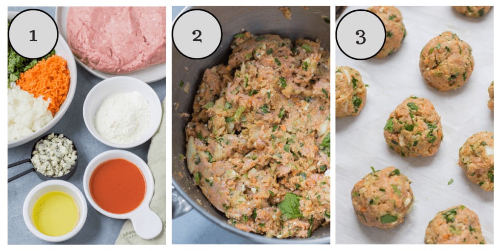 A step by step collage showing you how to bake healthy buffalo turkey meatballs