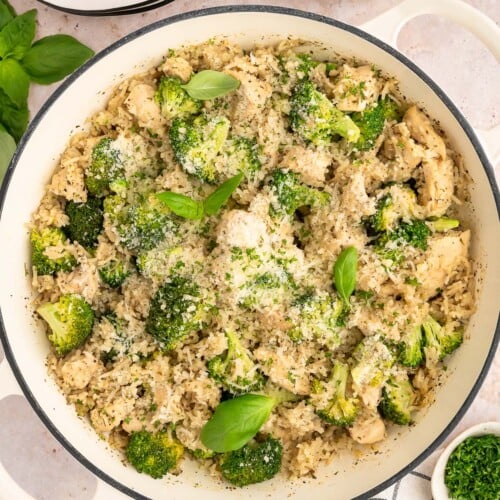 An overhead shot of Chicken Broccoli Rice in a dutch oven.