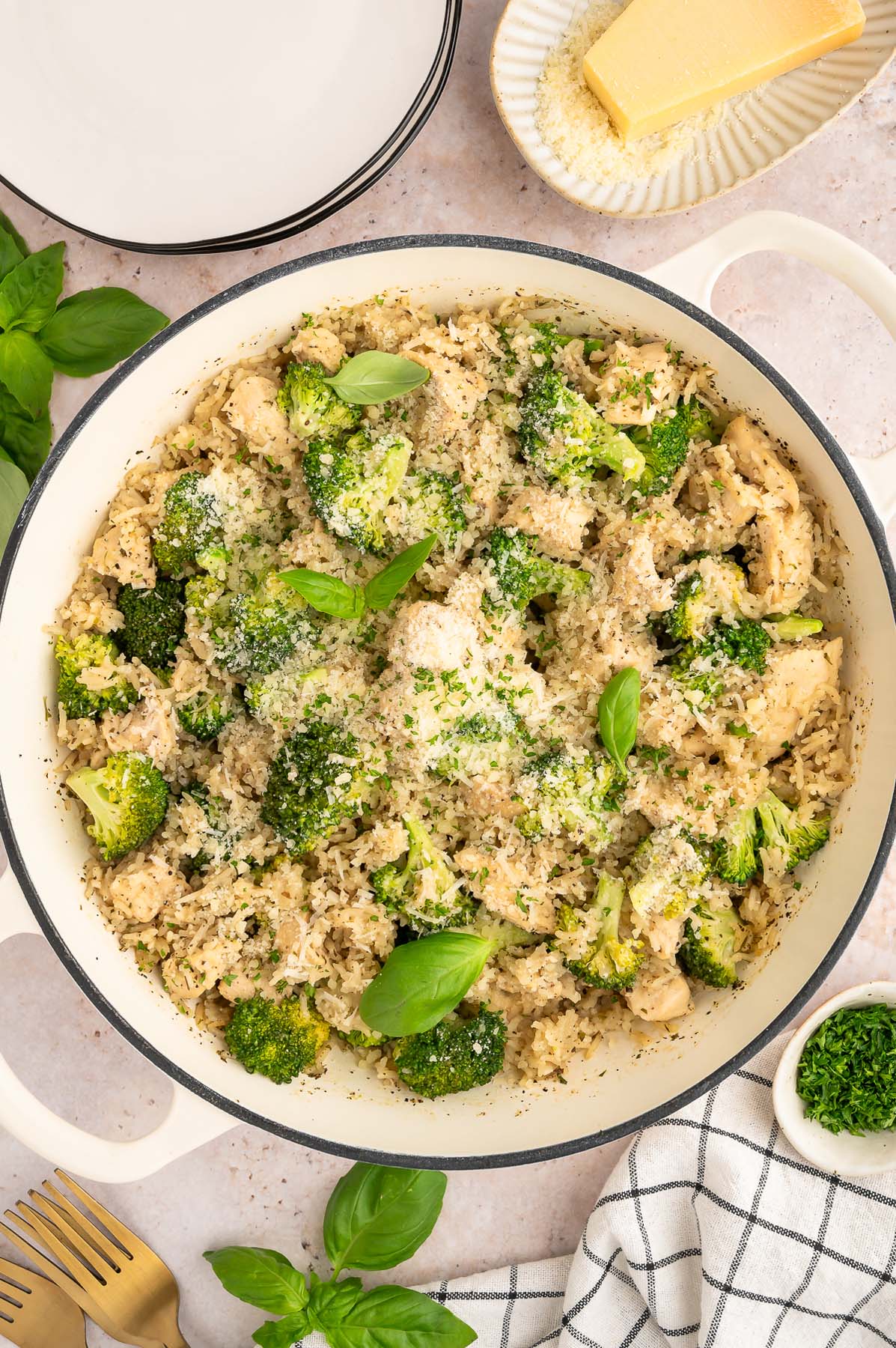 An overhead shot of Chicken Broccoli Rice in a dutch oven.