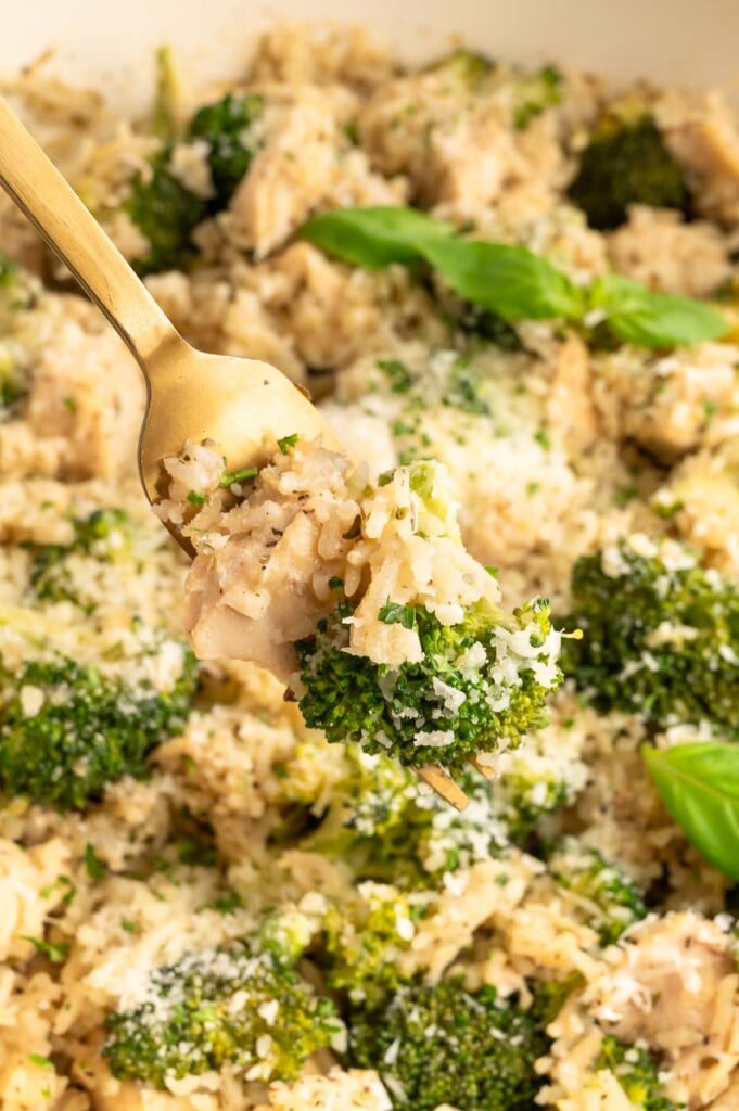 A close up of chicken and broccoli rice with a fork taking a bite out of it. 