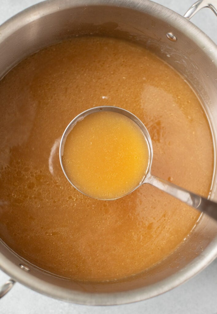 A ladel scooping up some homemade chicken broth from a pot