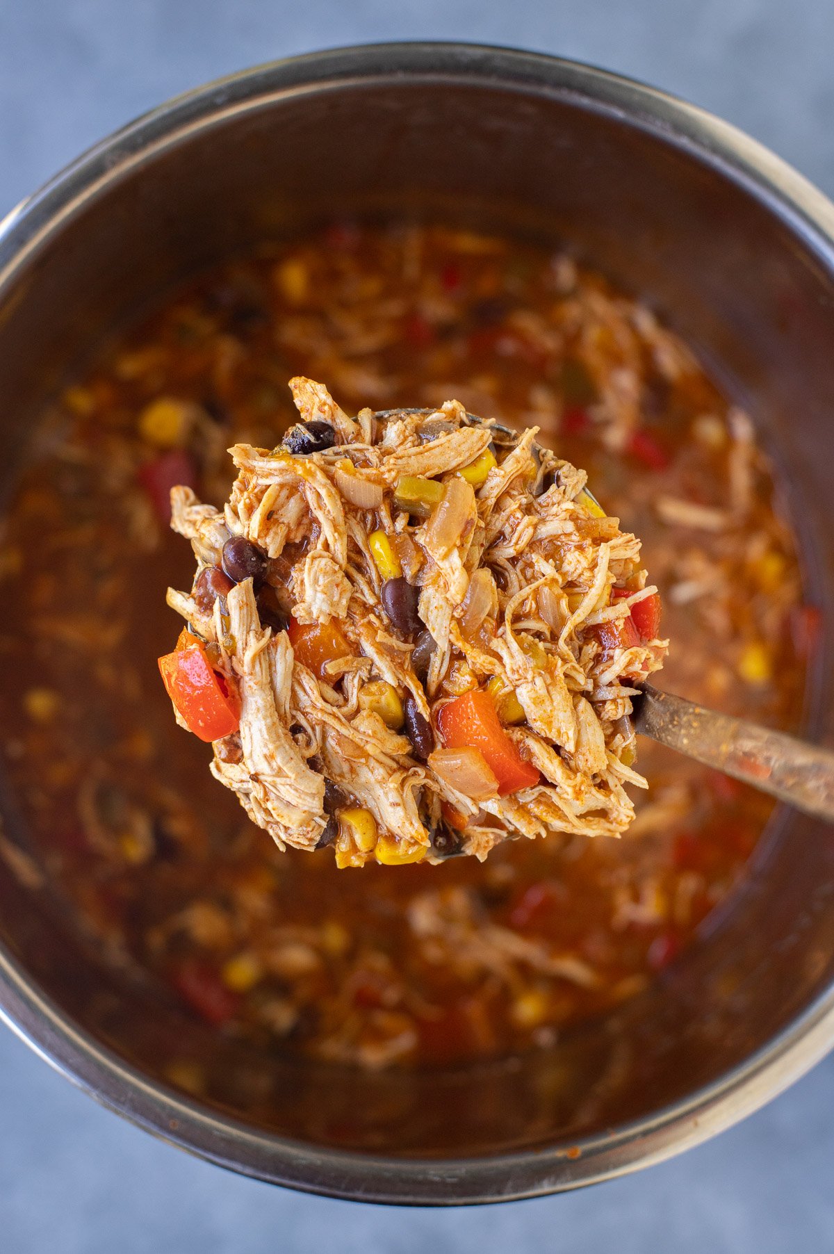 a ladle scooping up a serving of chicken enchilada soup out of a pot