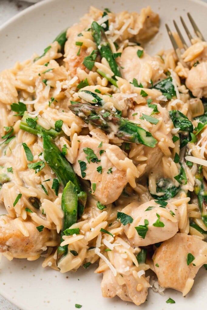 A close up of a serving of chicken orzo on a white plate with a gold fork on the plate