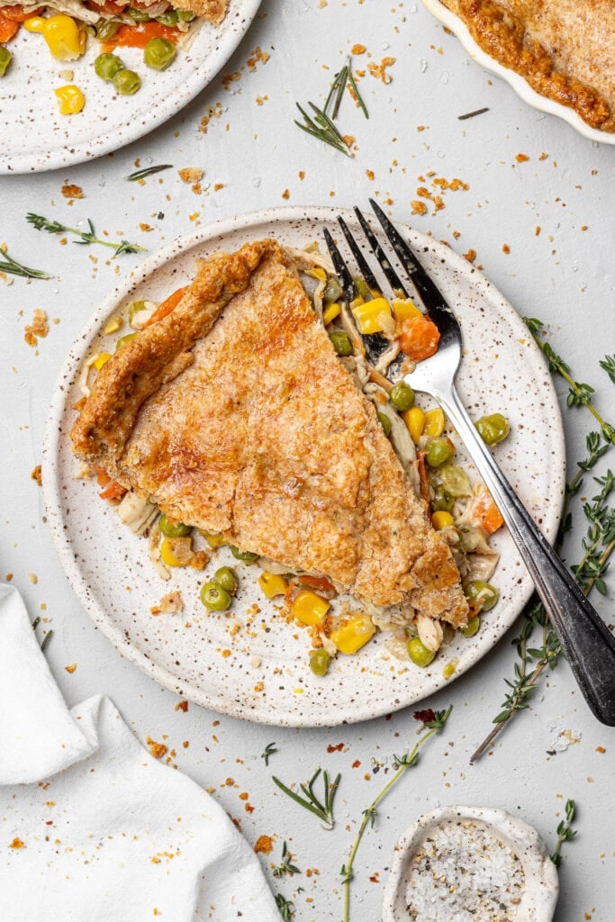 Healthy Chicken Pot Pie on a white plate with a fork