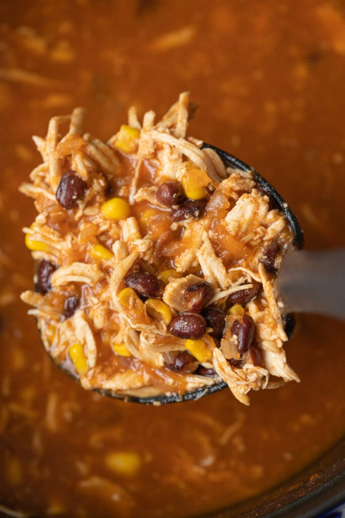 A ladle taking a large scoop of chicken taco soup out of a pot