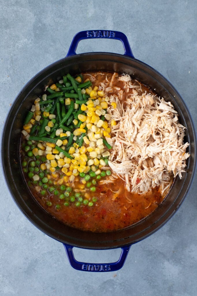 All ingredients for chicken vegetable soup in a stock pot that is unmixed