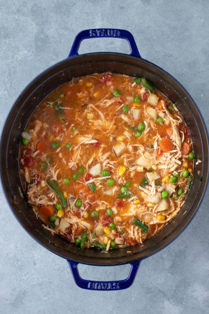 an overhead shot of chicken vegetable soup in a stock pot