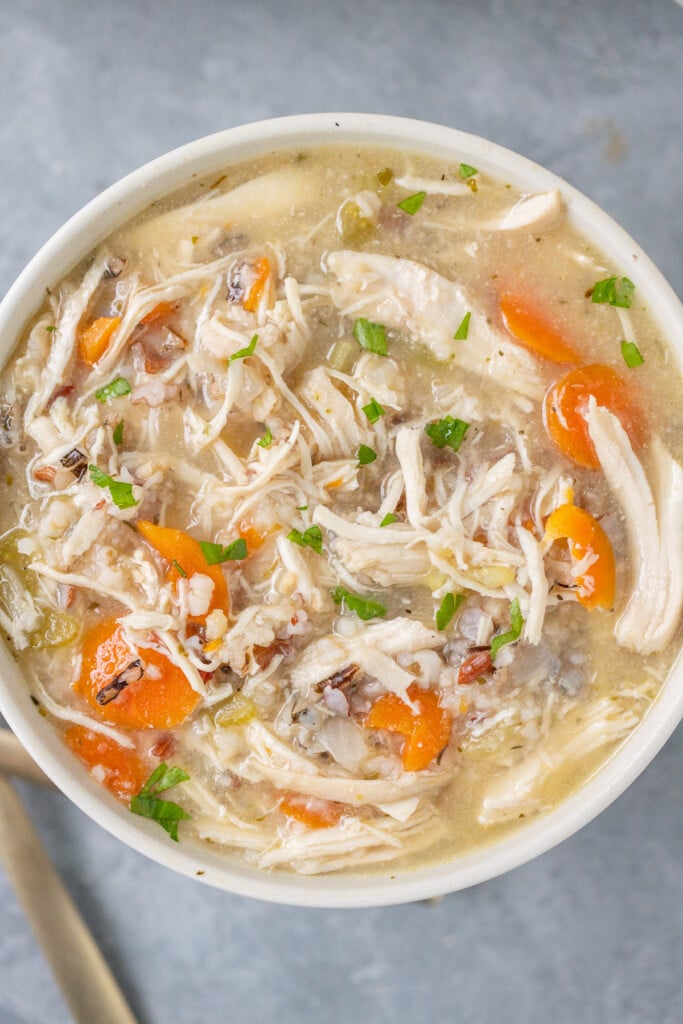 A close up shot of a white bowl of chicken and wild rice soup on a grey background