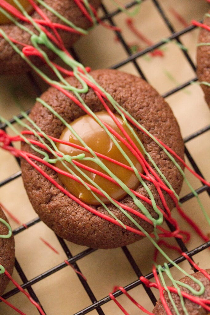 A close up image of Caramel Thumbprint Cookies