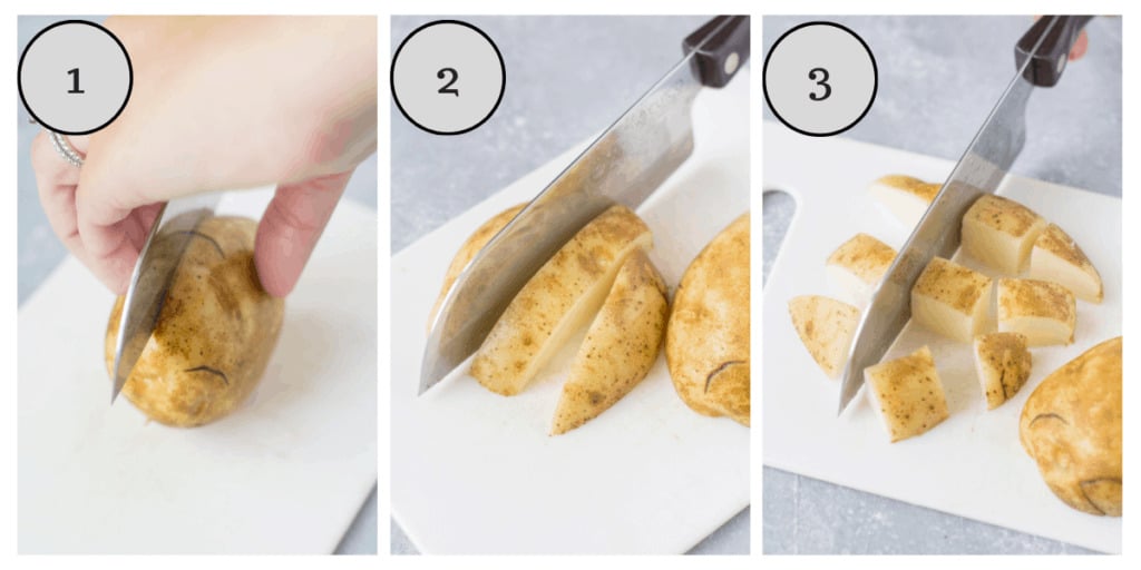a collage with step by step instructions on how too cut potatoes for roasting