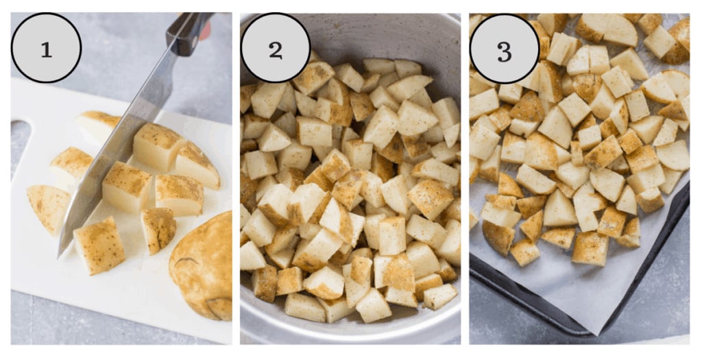 a collage with step by step instructions on how to make oven roasted crispy potatoes