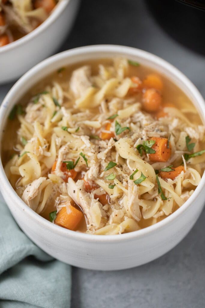 A close up of delicious chicken noodle soup crock pot