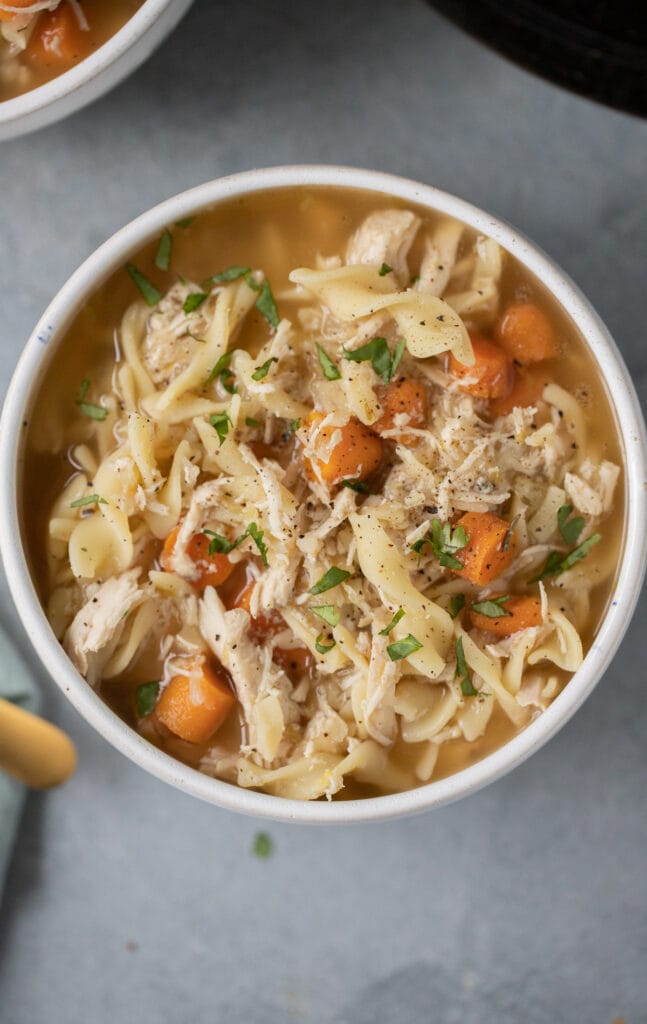 A close up of a bowl of crockpot chicken noodle soup on a grey background