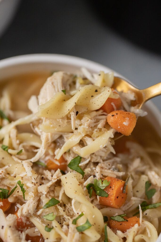 a spoon taking a bite out of the best slow cooker chicken noodle soup