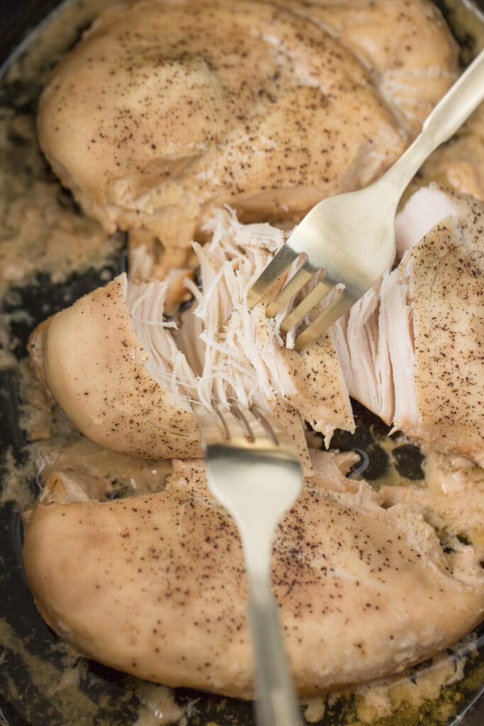 Two forks shredding crockpot shredded chicken