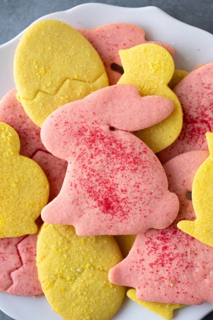 Close up of Easter Sugar Cookies on a white plate