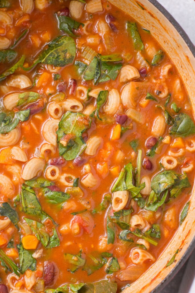 A big white pot filled with Easy Minestrone Soup