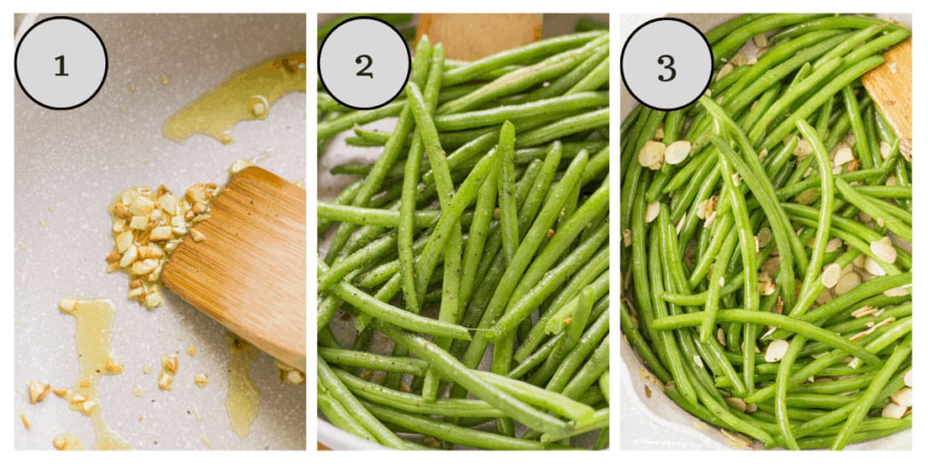 A collage with step by step ingredients showing how to make green beans almondine