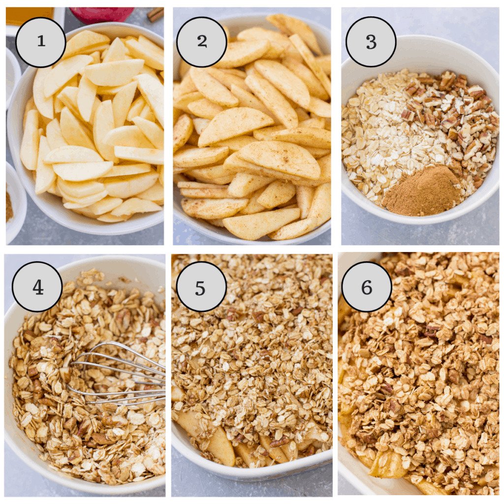 Step by step instructions showing how to make healthy apple crisp