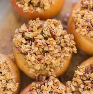 Healthy Baked Apples in a glass dish.