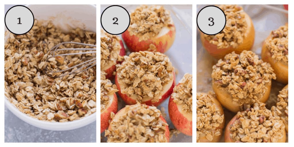 A collage with step by step instructions showing how to make healthy baked apples
