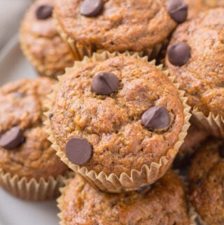 A close up of Healthy Banana Muffins on a white plate