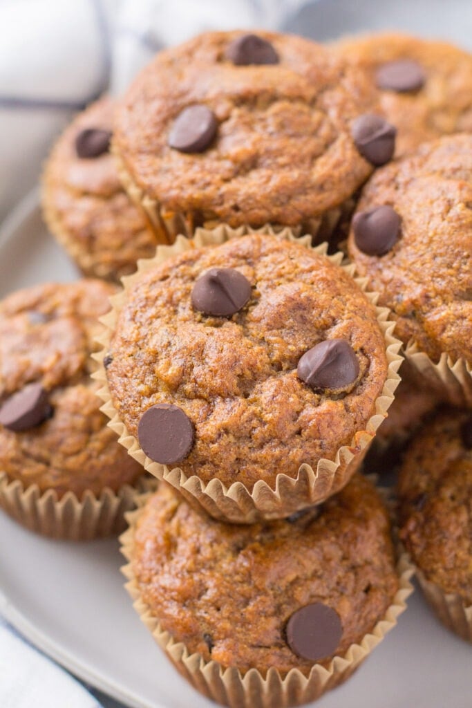 A close up of Healthy Banana Muffins on a white plate