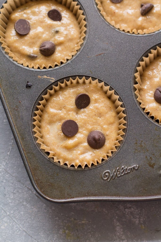healthy banana muffins a muffin tin before being baked