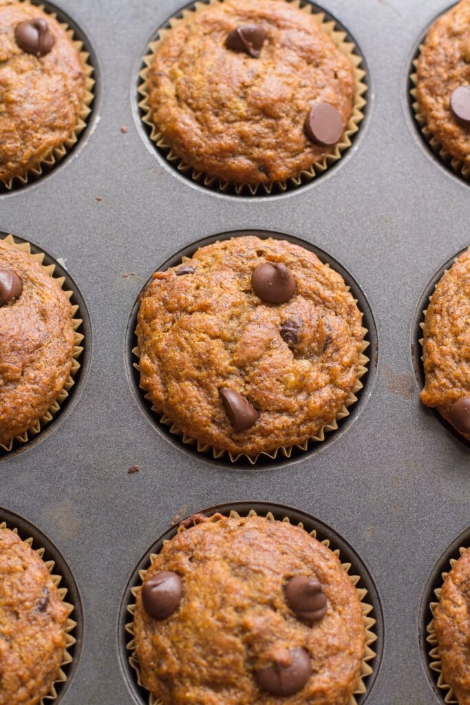 An overhead shot of Healthy Banana Muffins in a muffin tin