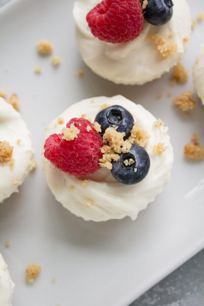 A close up of a mini greek yogurt cheesecake bite.