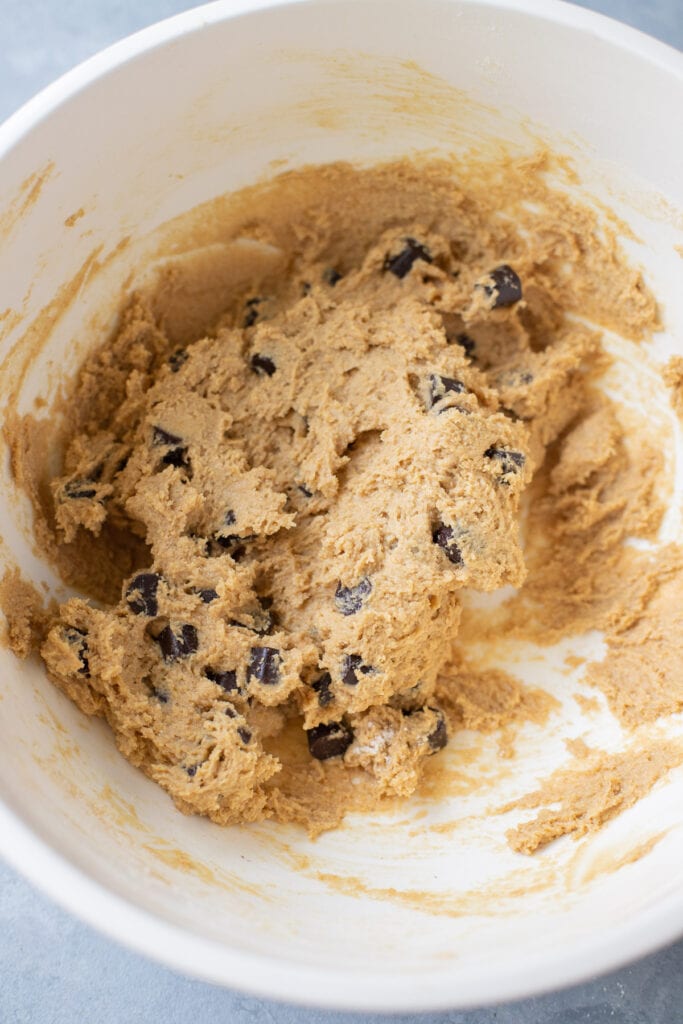 A bowl of healthy chocolate chip cookie dough before it is baked
