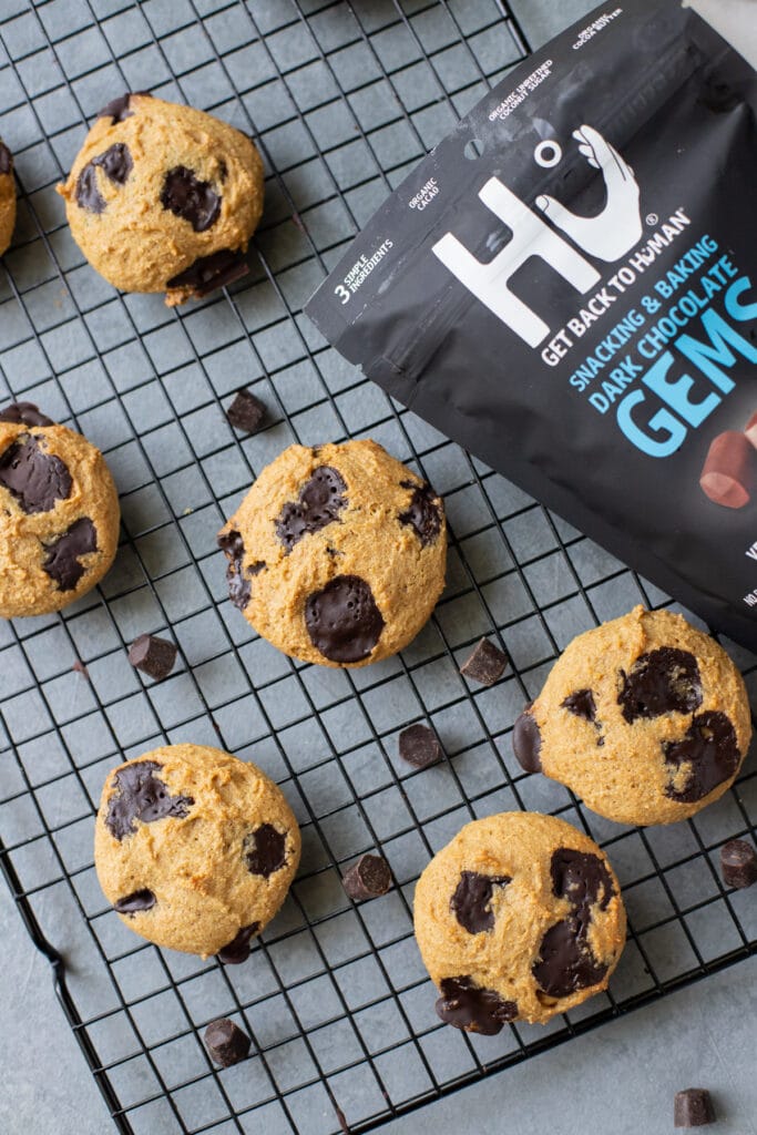 Healthy Chocolate Chip Cookies on a cooling rack fresh out of the oven