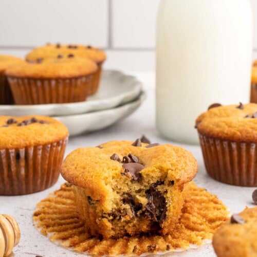 A Healthy Chocolate Chip Muffin with a bite taken out of it sitting on it's cupcake liner with more cupcakes scattered around on a white counter.