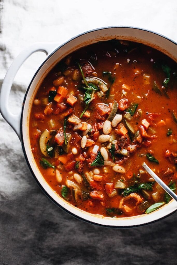 An overhead shot of slow cooker tuscan bean soup