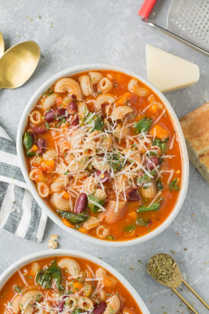 a close up of healthy minestrone soup- a healthy slow cooker recipe