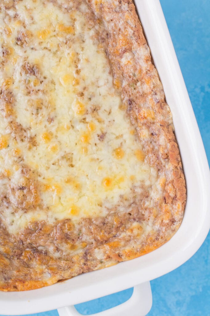 An overhead shot of easy bean dip in a white dish