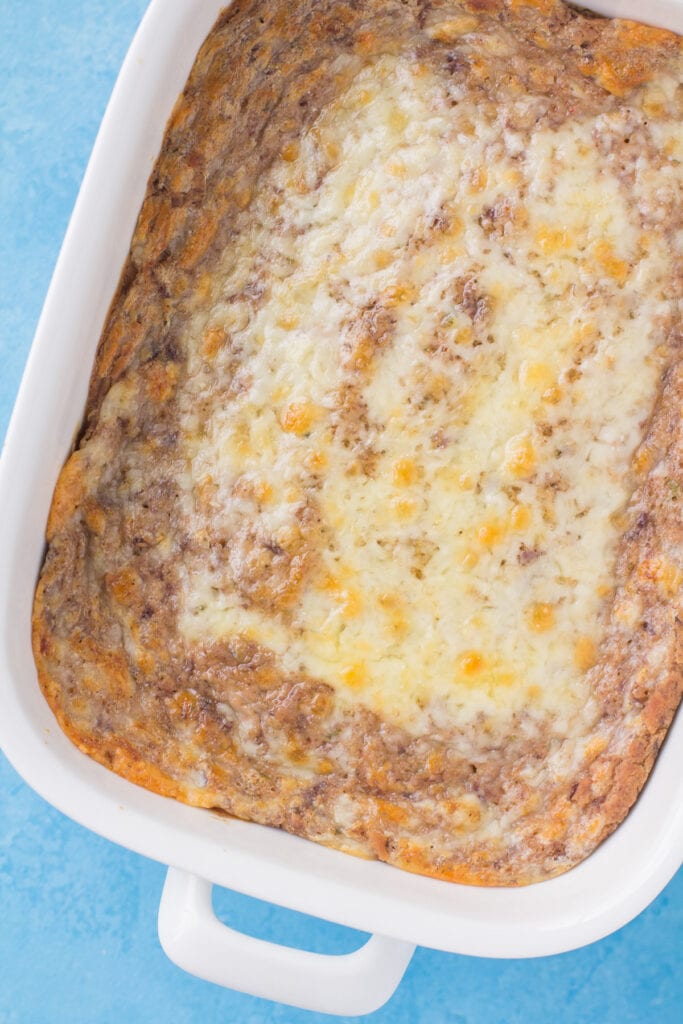 An overhead shot of easy bean dip in a white dish
