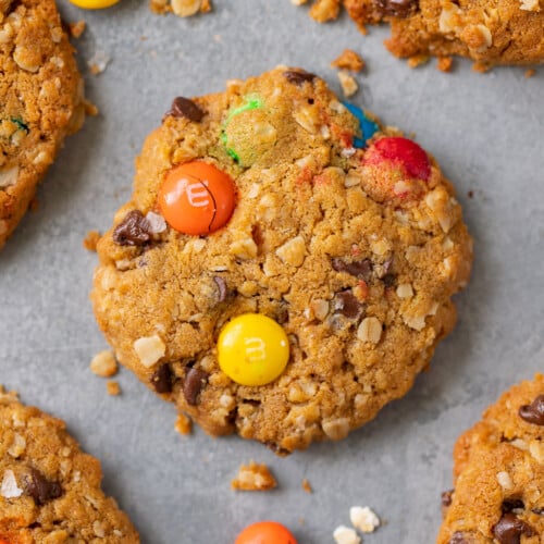 An overhead shot of healthy monster cookies with m&ms