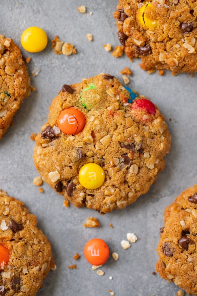 An overhead shot of healthy monster cookies with m&ms