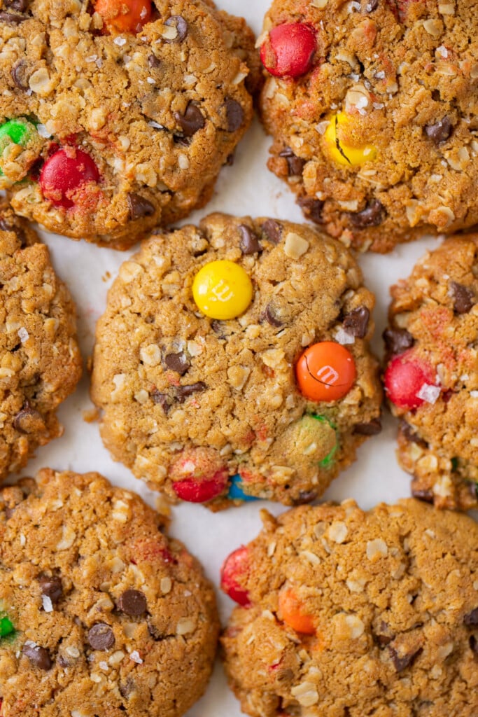 A close up of a lot of healthy monster cookies