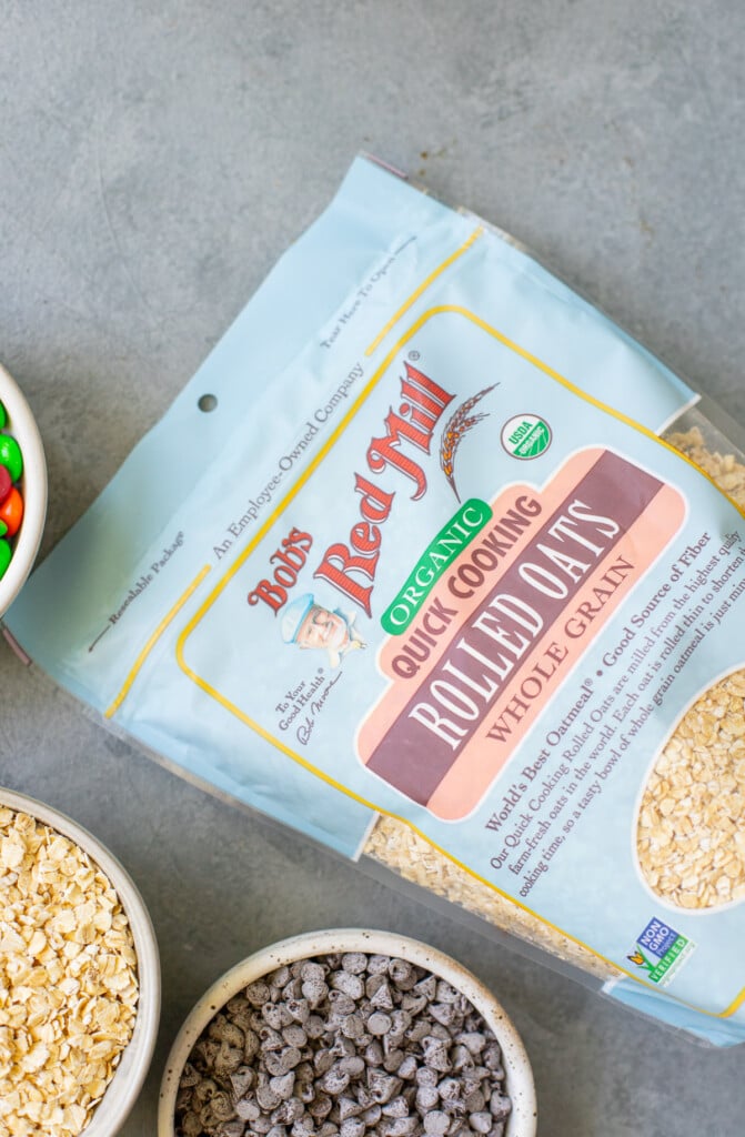 A bag of Bob's Red Mill Rolled Oats for healthy monster cookies