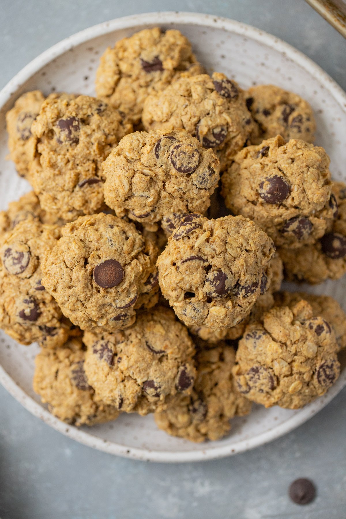 Healthy Oatmeal Chocolate Chip Cookies on a white plate on a grey counter