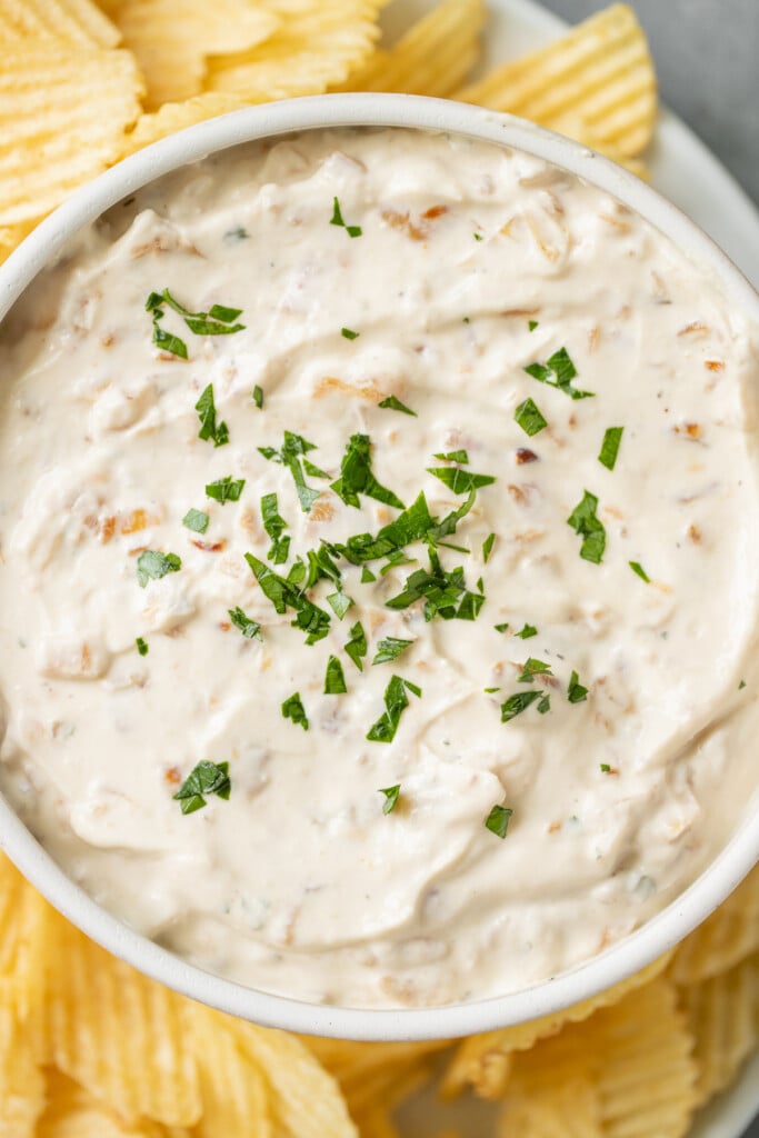 A close up overhead shot of a bowl of Healthy Onion Dip with potato chips on the side