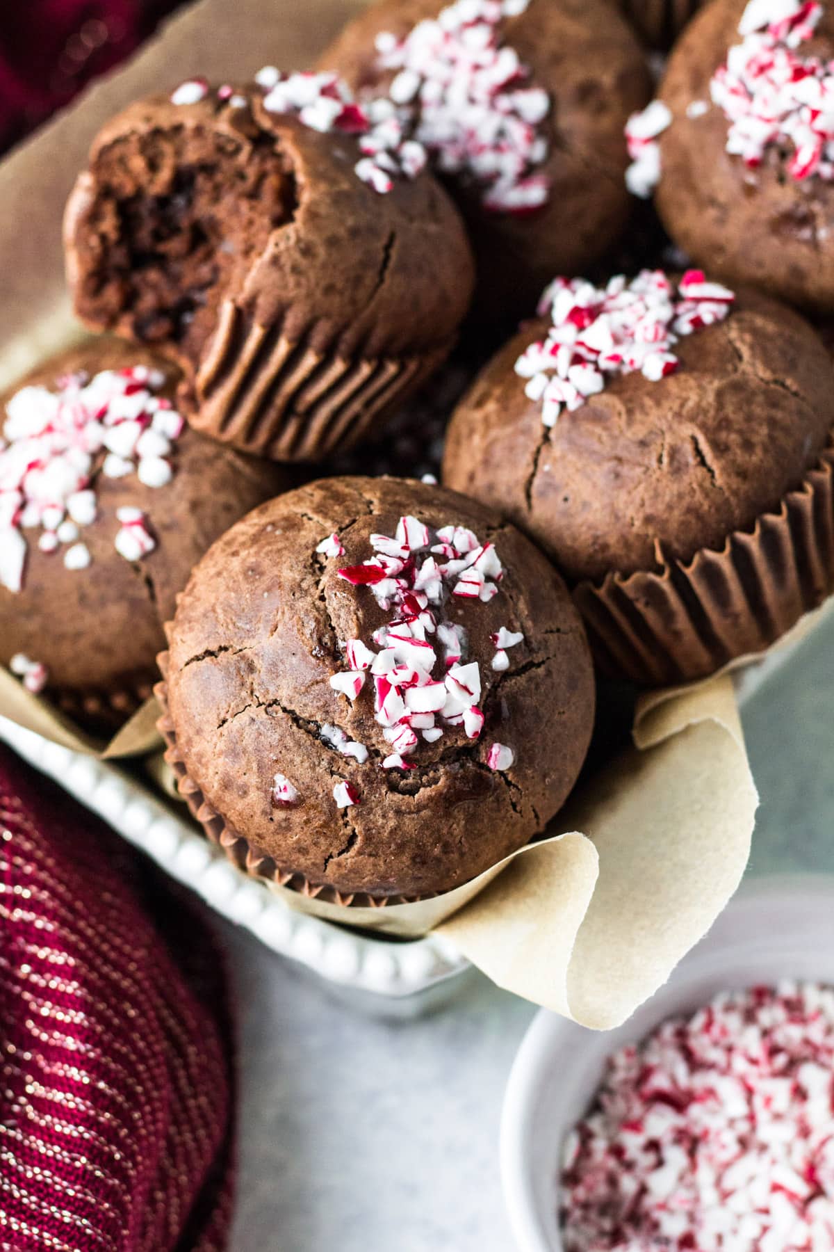 Healthy Peppermint Mocha Muffins in a white dish on a light background