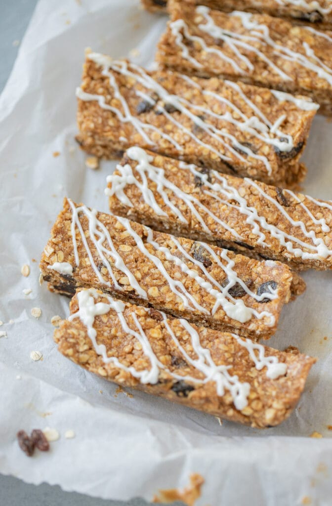 A close up of healthy protein bars on a piece of crinkled parchment paper